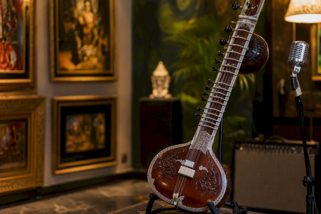 Rajib Karmakar sitarrajib How to Book Corporate Event Music: A Sitar Hiring Guide 2 Sitar setup in intimate event space