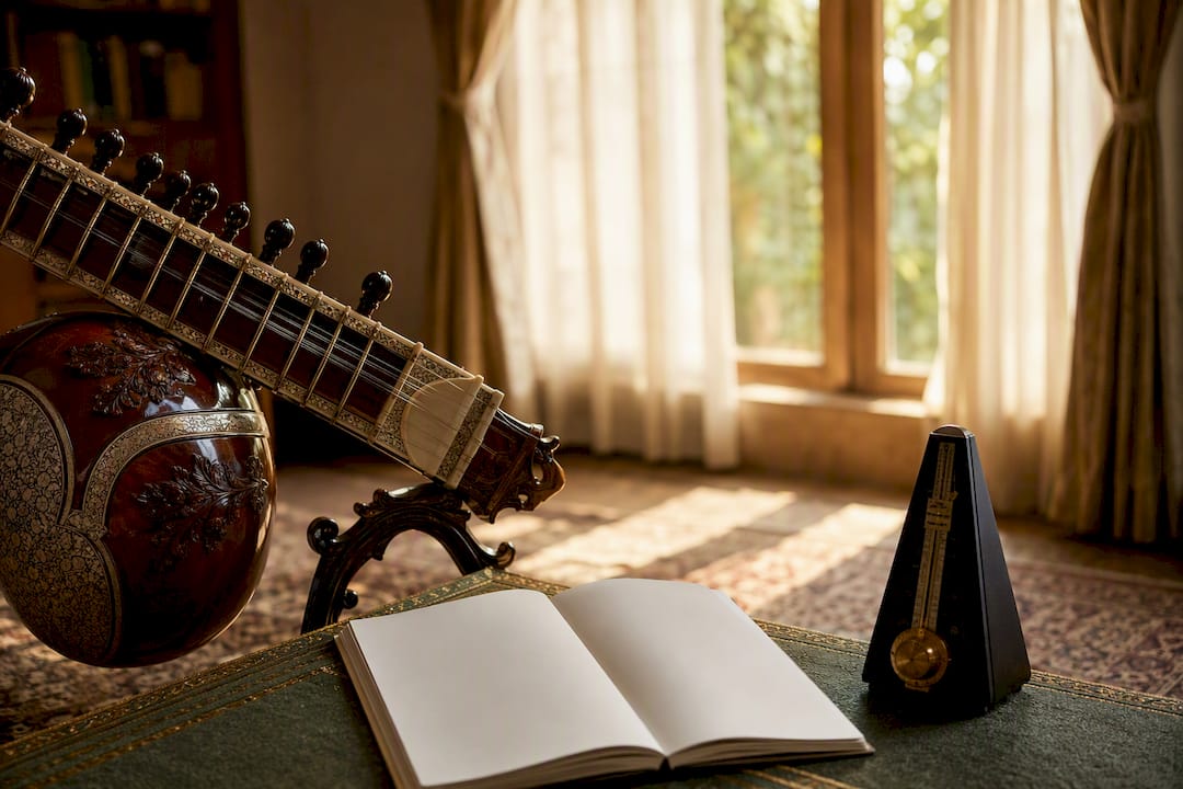 Rajib Karmakar sitarrajib Play a Clean Sitar Melody in 1 Month, Online Sitar Lessons From SITARRAJIB 3 Sitar and practice setup in warm sunlight