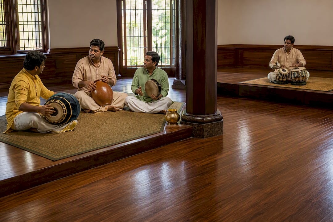 Rajib Karmakar sitarrajib Hear the Difference: 6 Raga Pairs That Teach Hindustani vs Carnatic 3 Carnatic percussion ensemble with tabla player