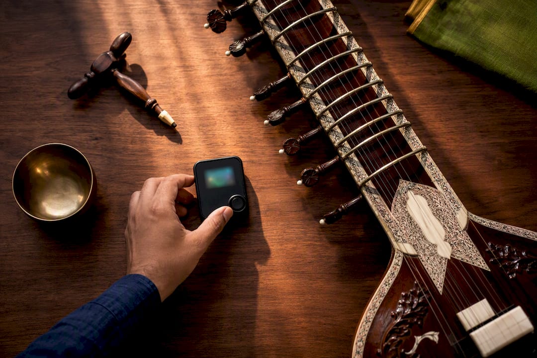 Rajib Karmakar sitarrajib Practice First Sitar Tuning for Beginners: Main Strings and Harmonics 3 Tone generator beside sitar strings