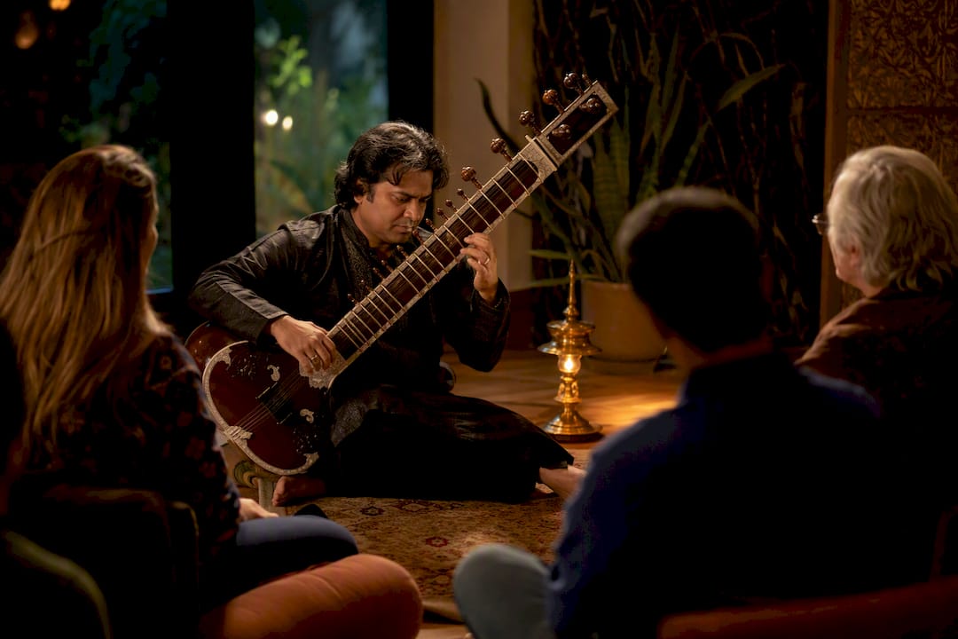 Rajib Karmakar sitarrajib Learn Raga by Baithak: Rajib on Choosing an Indian Music Workshop 2 Sitarist performing closely for workshop learners