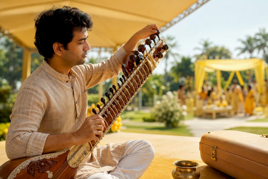 Sitarist tuning strings before outdoor ceremony