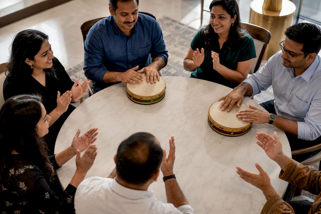 Corporate participants sharing a rhythm exercise