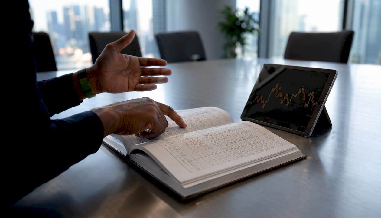 Close-up of hands reviewing institutional options ledger