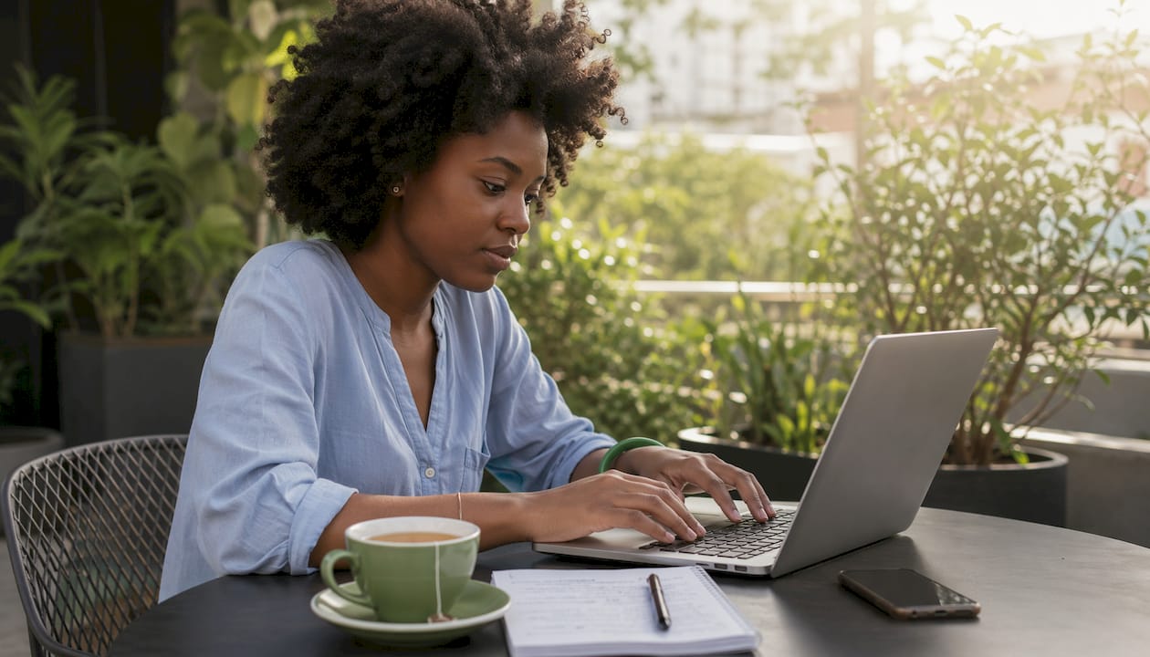 Woman applying for trading account in café