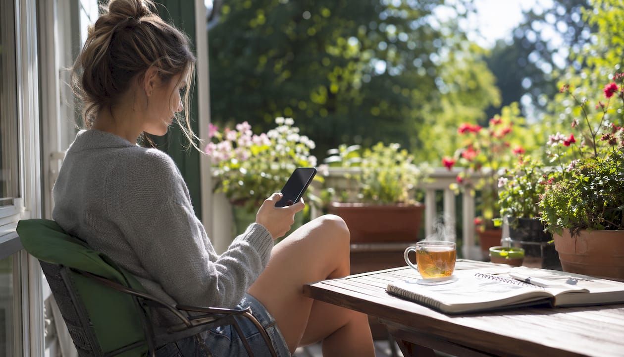 Woman using smartphone outdoors trading app