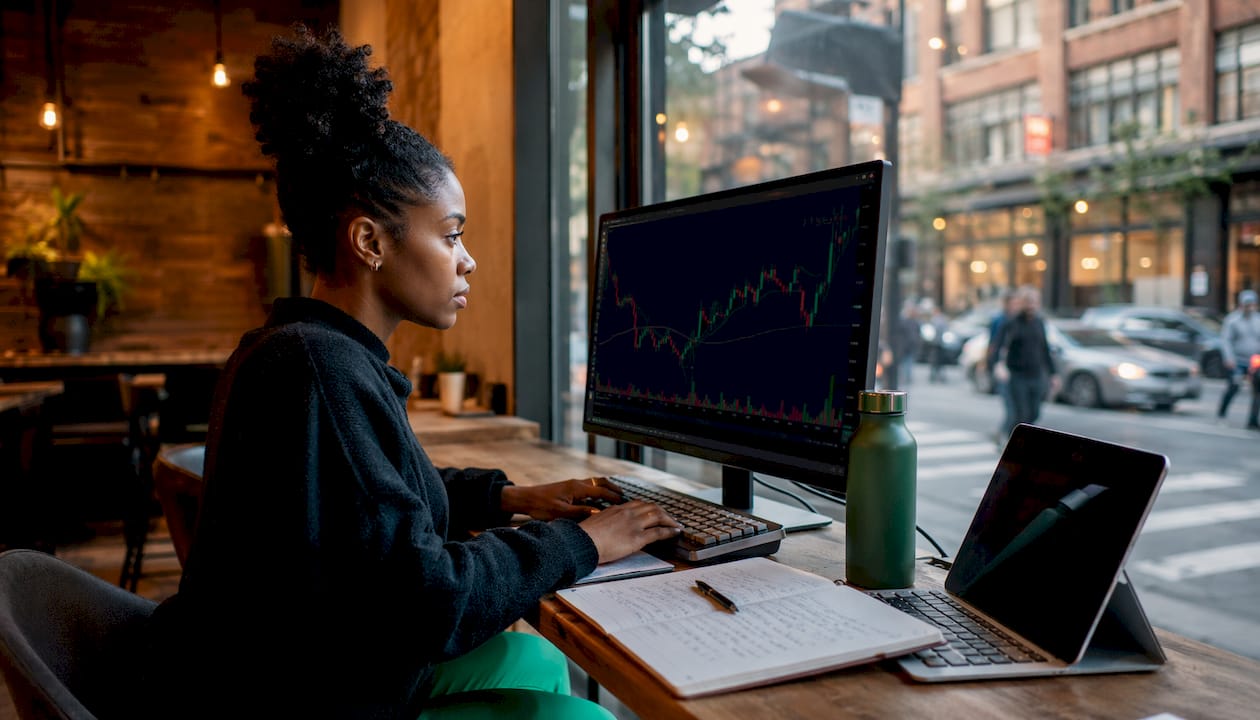 Young trader working with charts in coworking space
