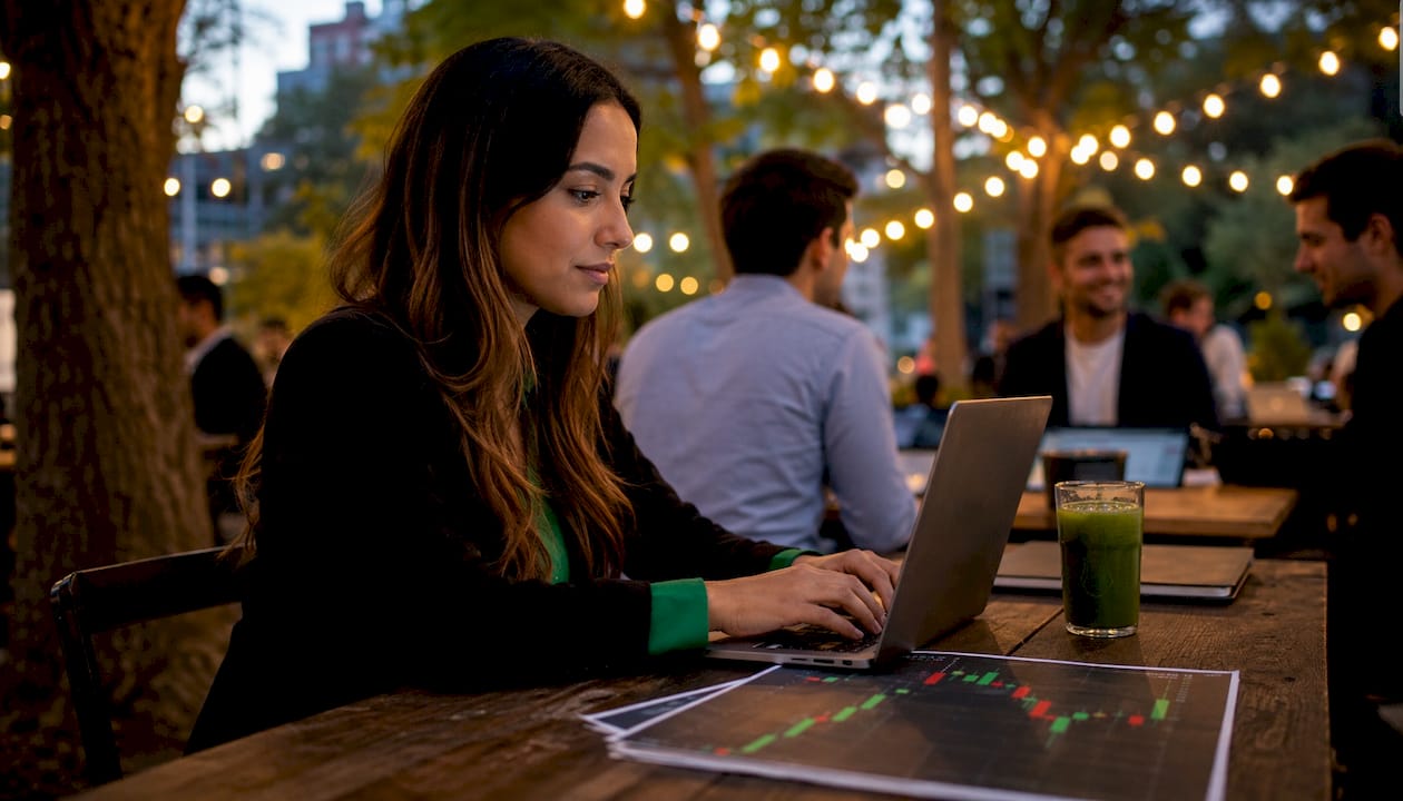 Analyst using laptop to set exit orders