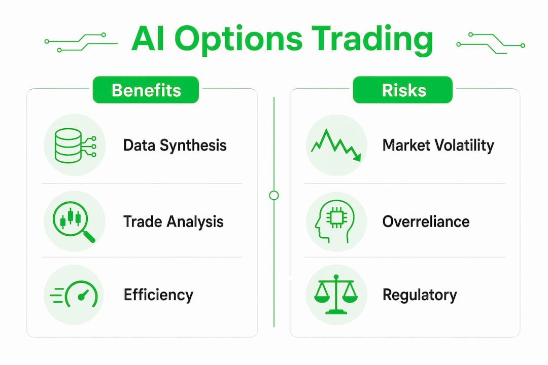 Infographic comparing AI trading benefits and risks