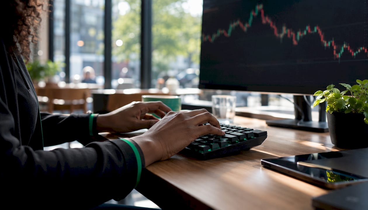 Trader’s hands typing data at desk