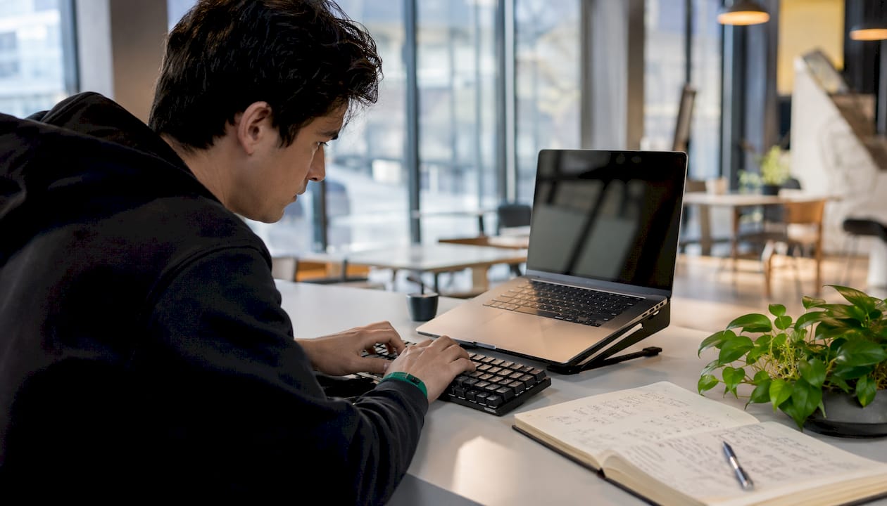 Hands typing Sharpe ratio Python code
