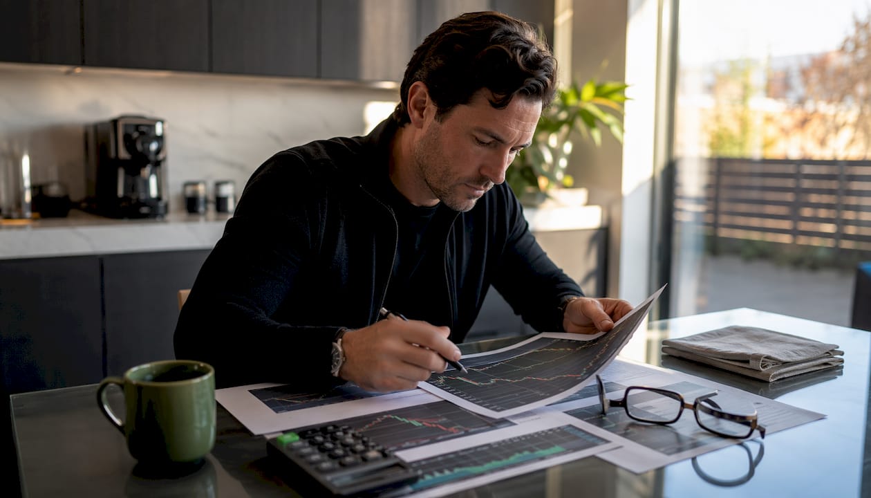 Overhead view of Sharpe ratio performance sheets and tools