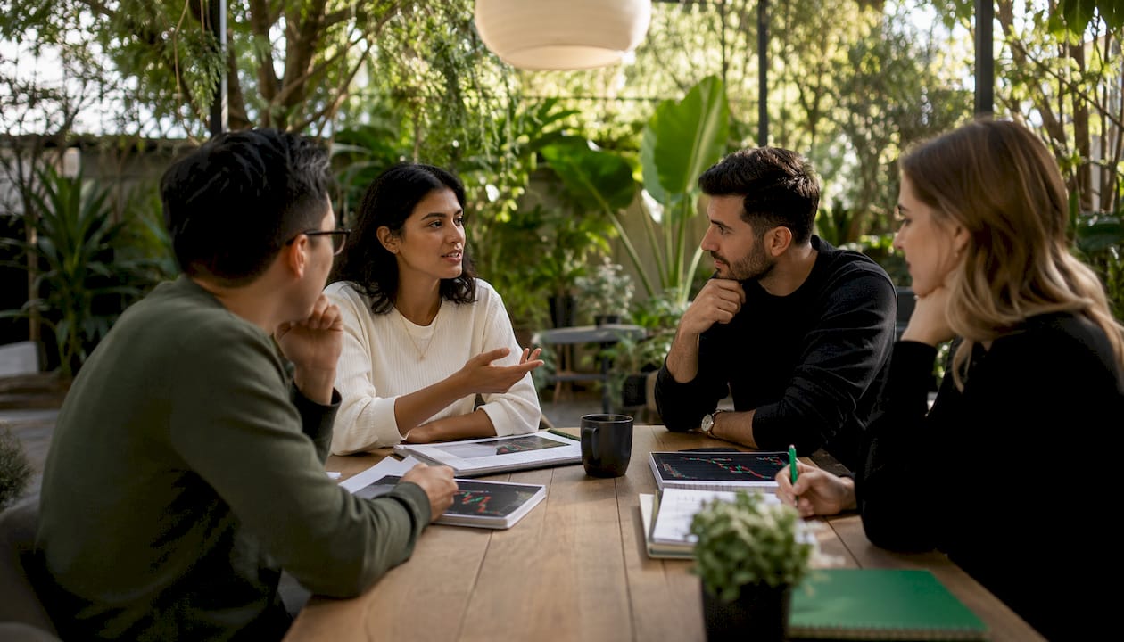 Top-down view of traders collaborating at table
