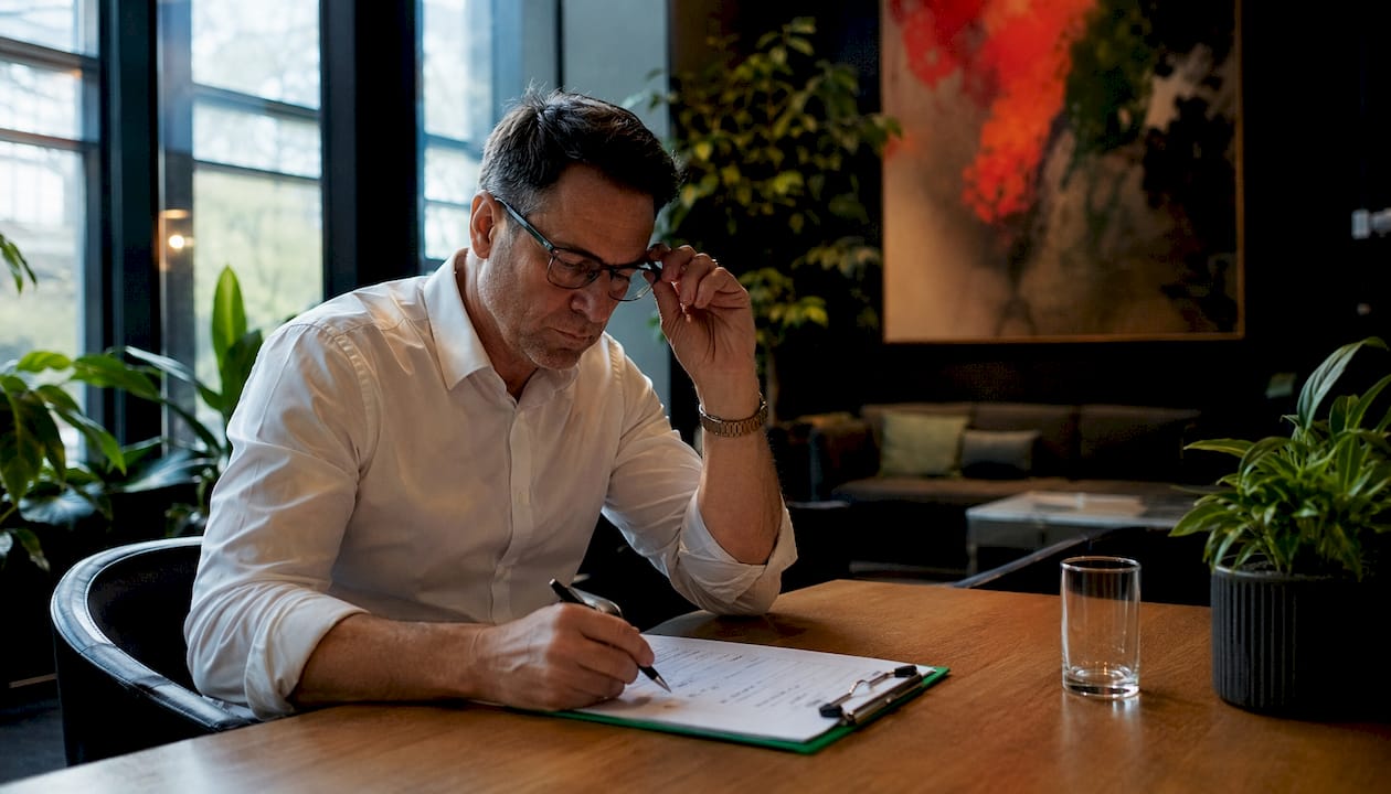 Investor assessing risk metrics on paper
