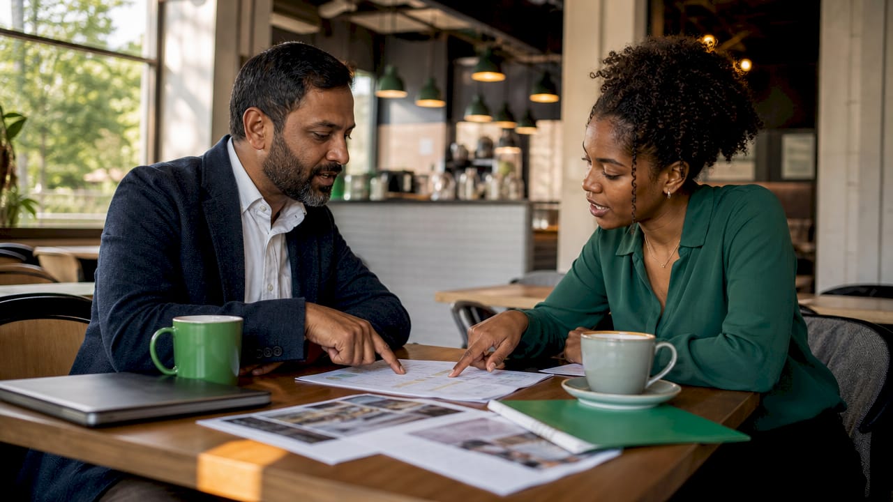 Two planners discussing event quote papers