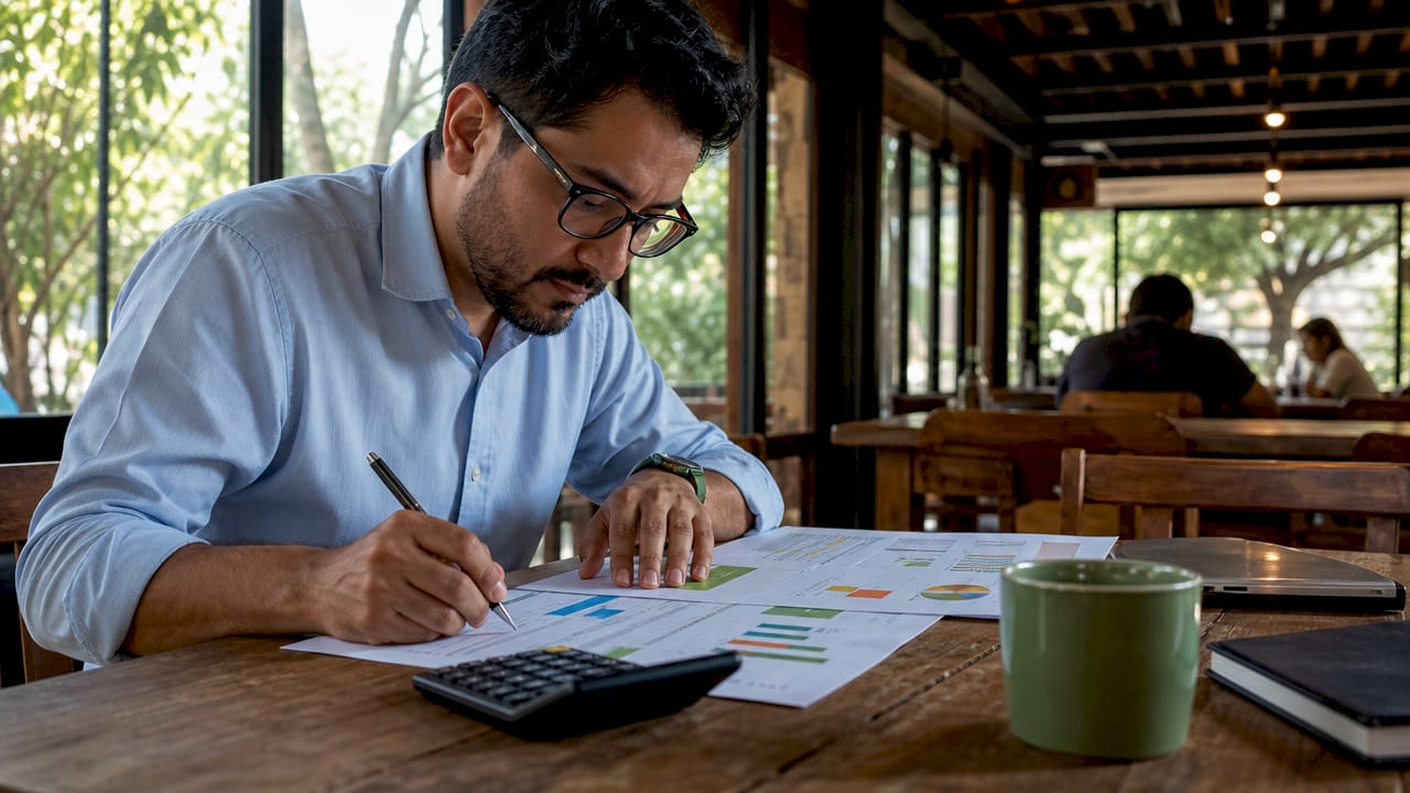 Man reviewing budget documents at desk