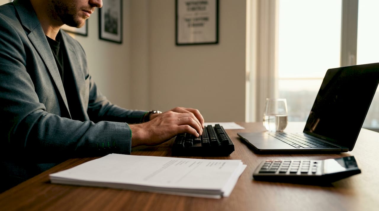 Hands typing with financial documents and calculator