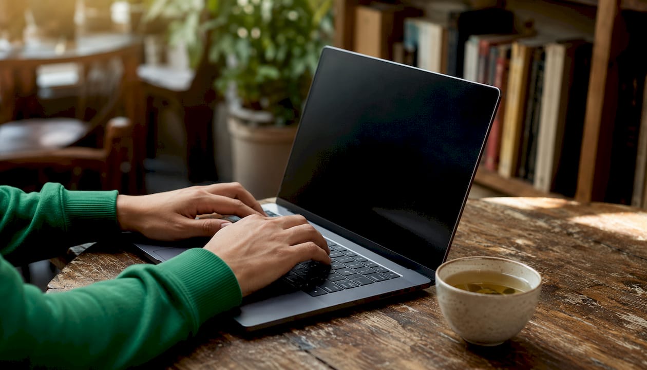 Hands typing personalized follow-up email on laptop
