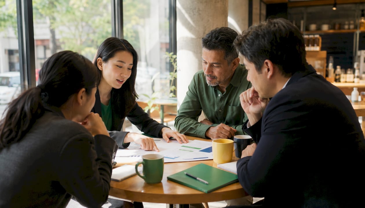 Team discussing proposal structure in meeting room