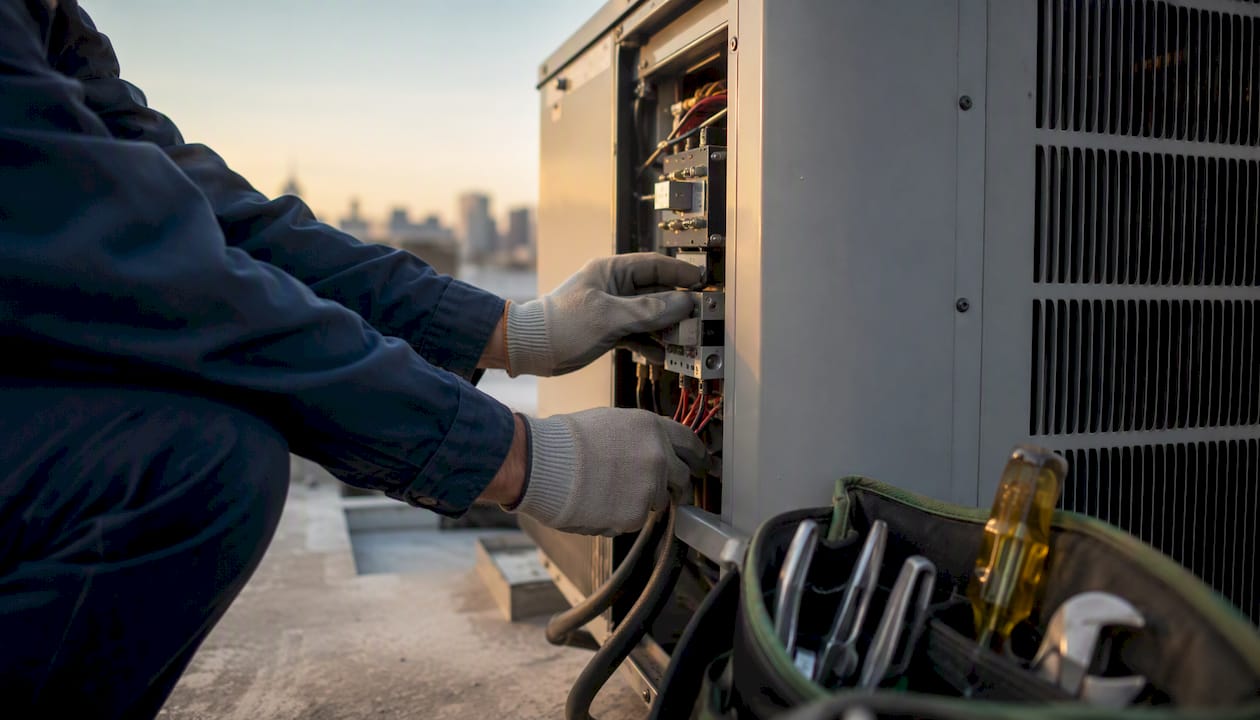 Technician hands adjusting HVAC controls