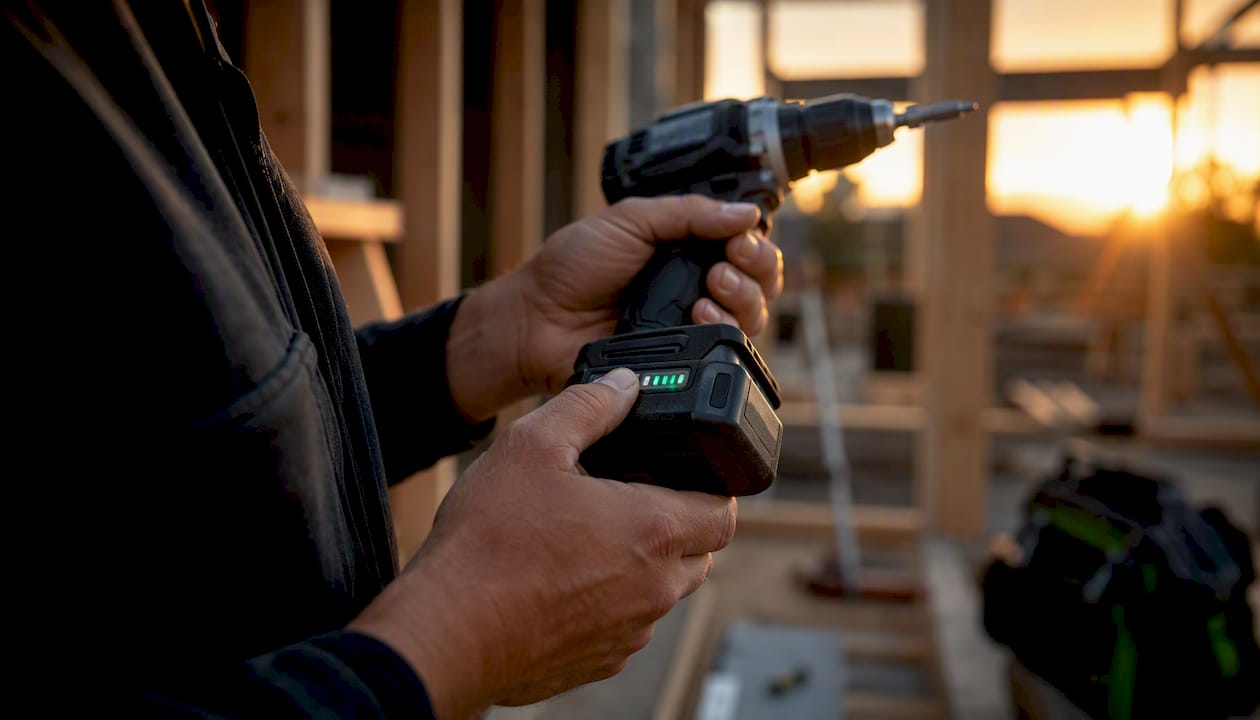 Hands checking drill battery charge