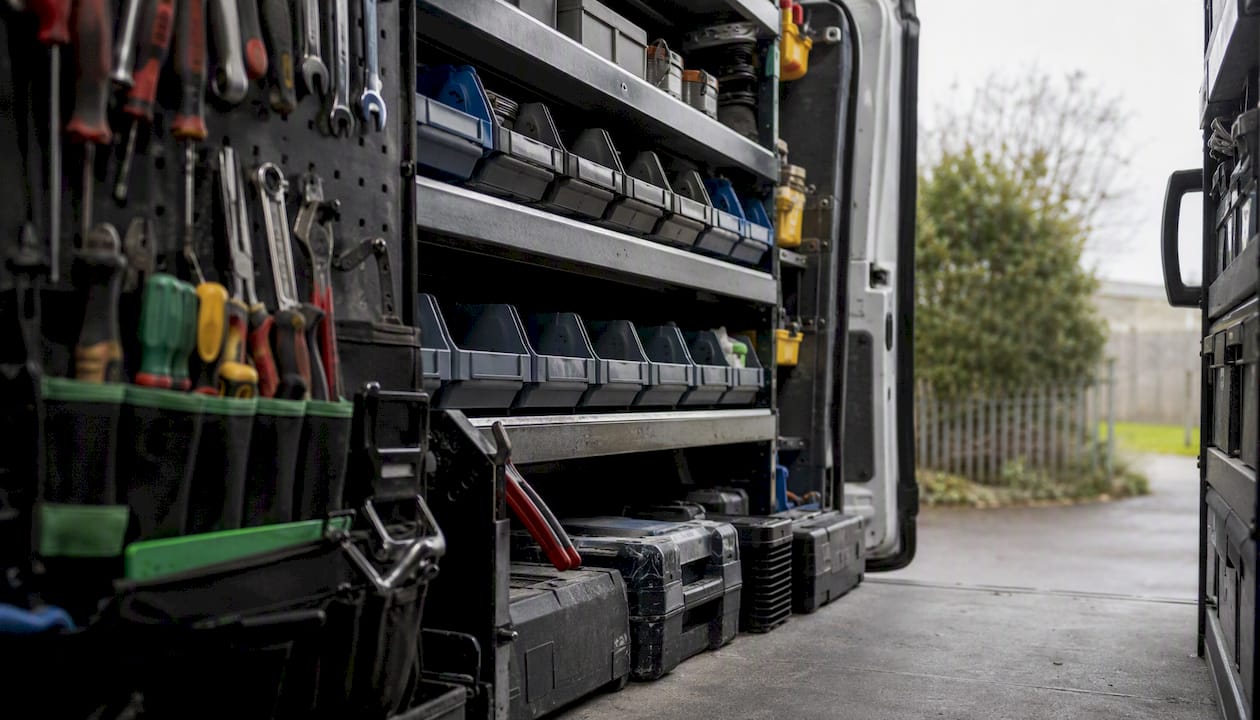 Organized tools and racks inside job-site van