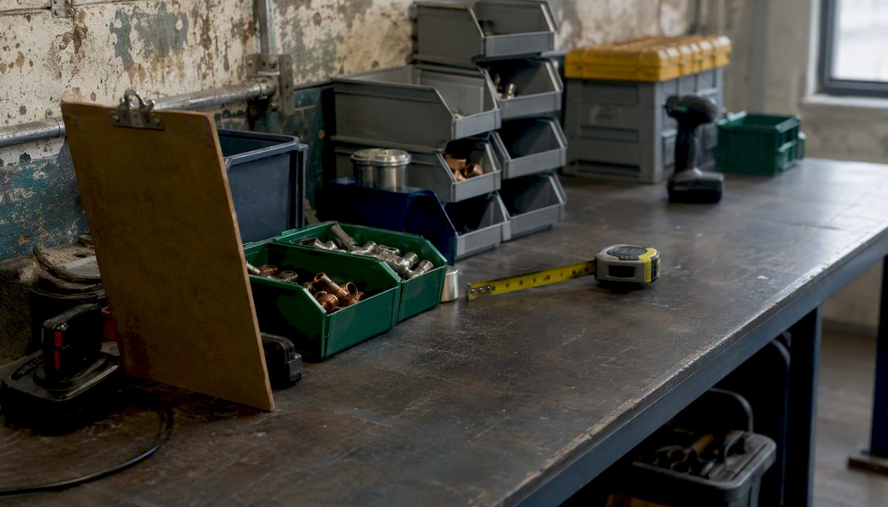 Close-up of organized tools and materials on job site bench