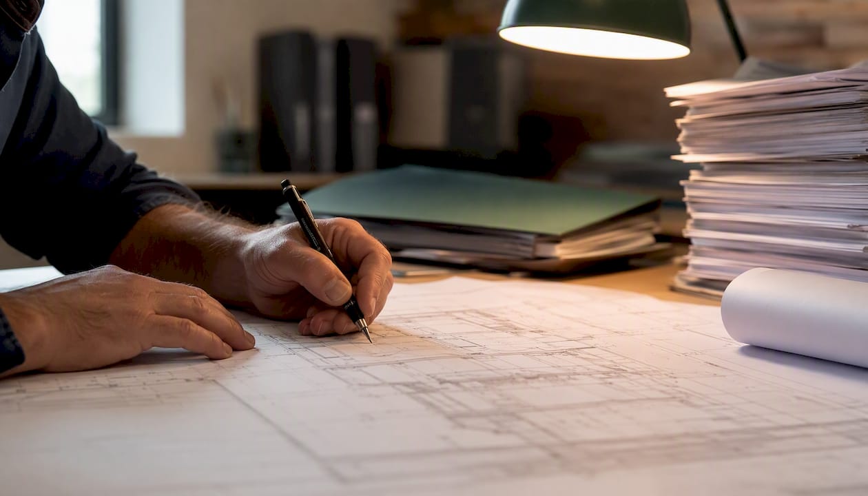Hands marking change order on blueprint