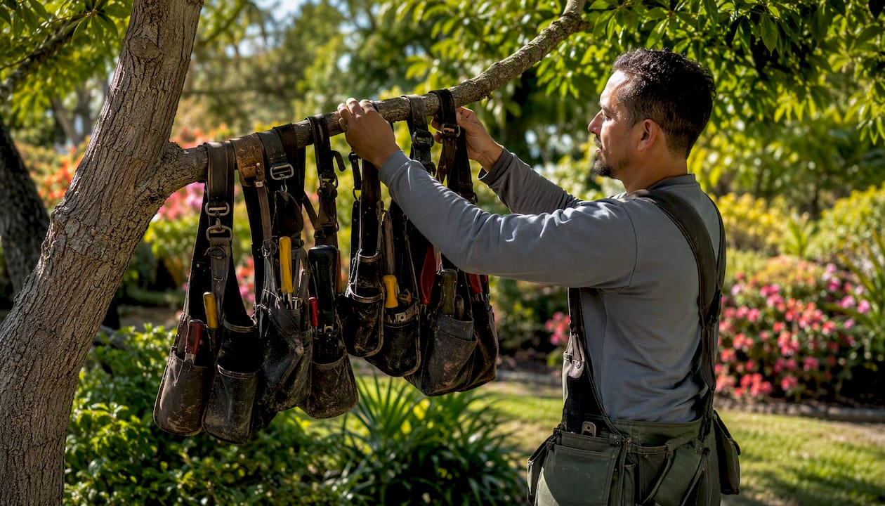 Landscaper organizing tool belts outdoors
