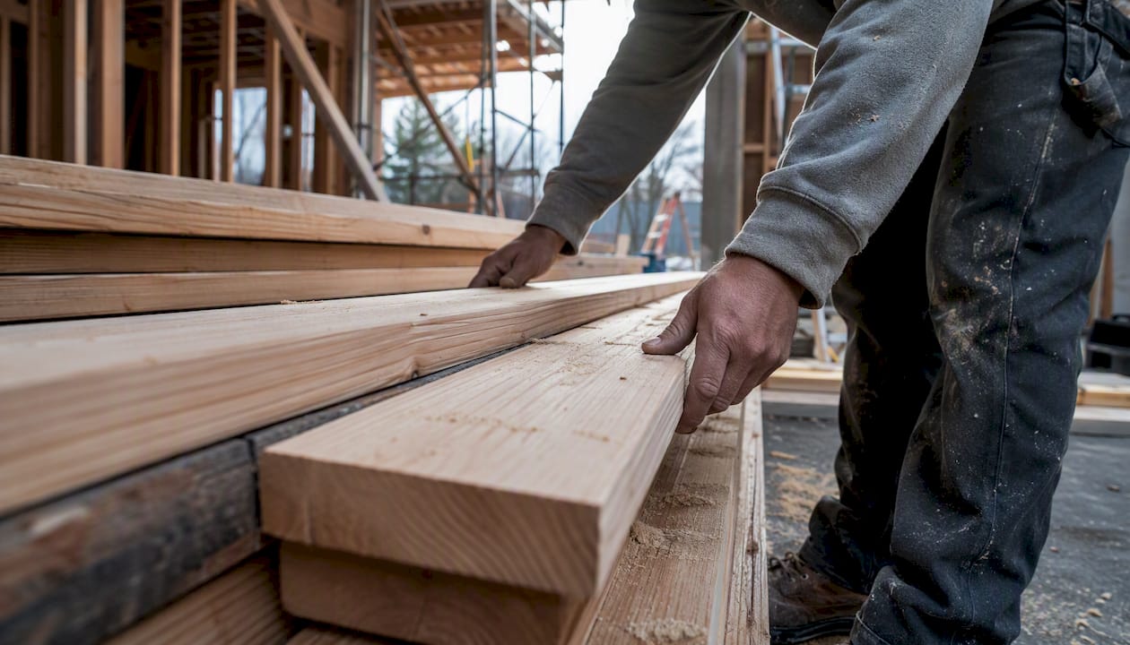 Hands stacking lumber at construction site