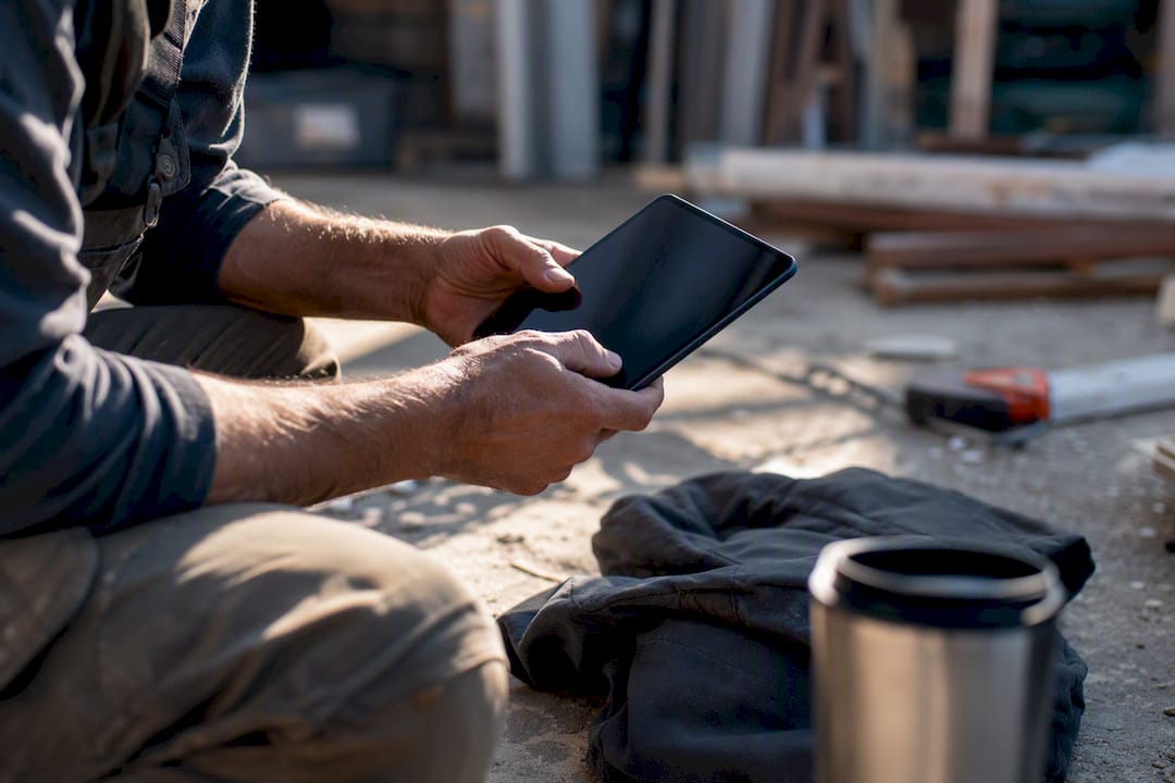 Contractor invoicing immediately after job with tablet outdoors