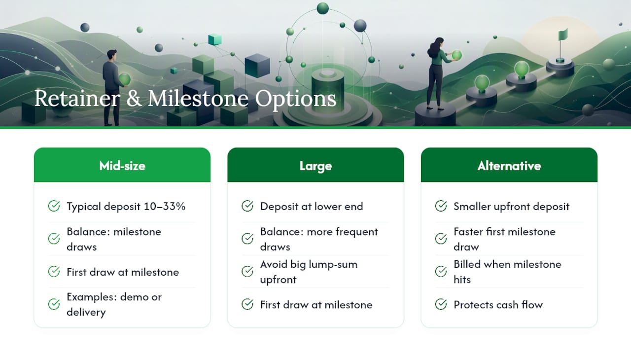 Chart of retainer deposit sizes and milestone payments