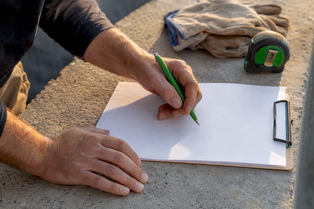 Hands preparing invoice outdoors