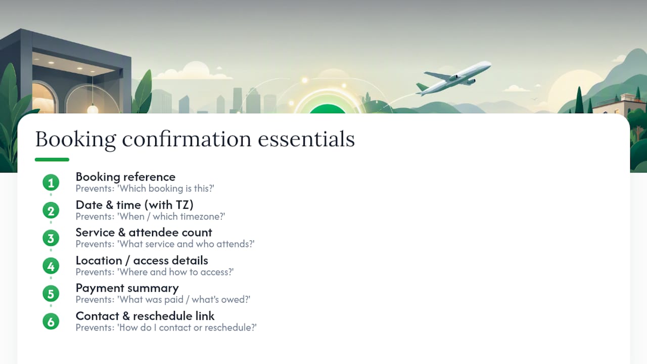 Diagram of booking confirmation email fields preventing customer questions