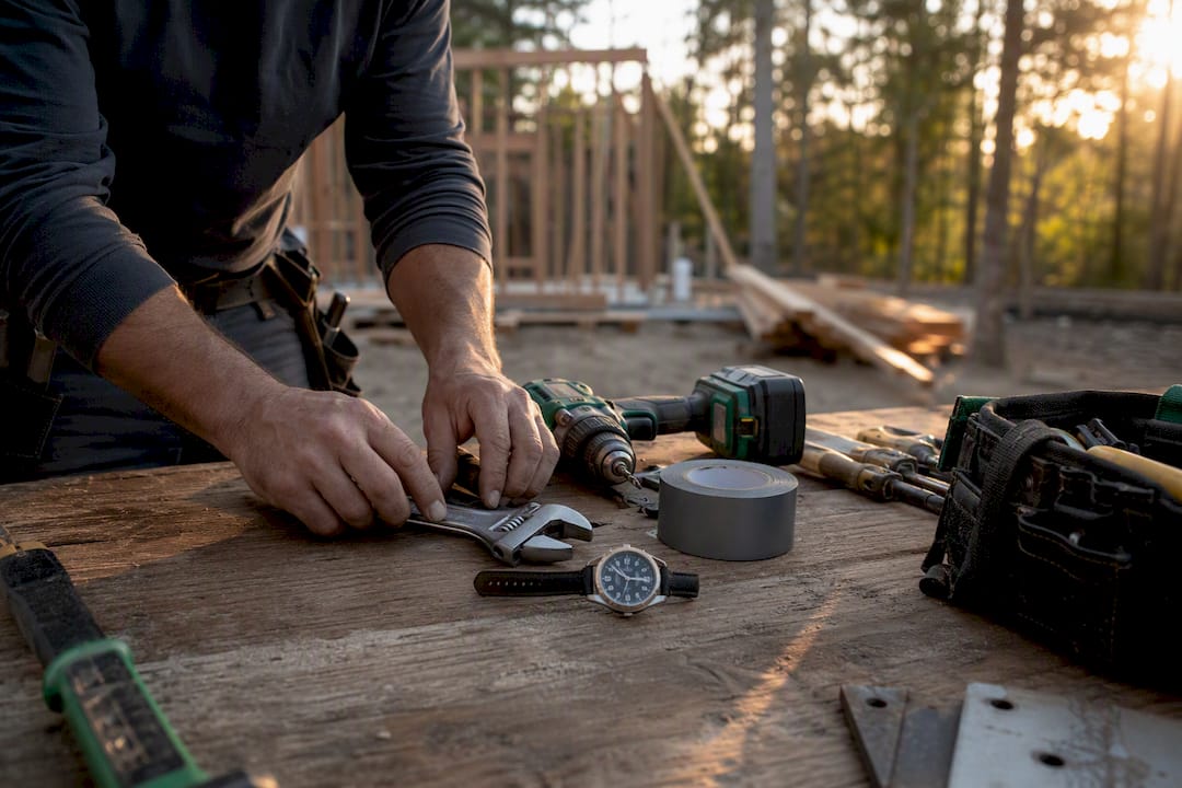 Contractor hands arranging tools with watch