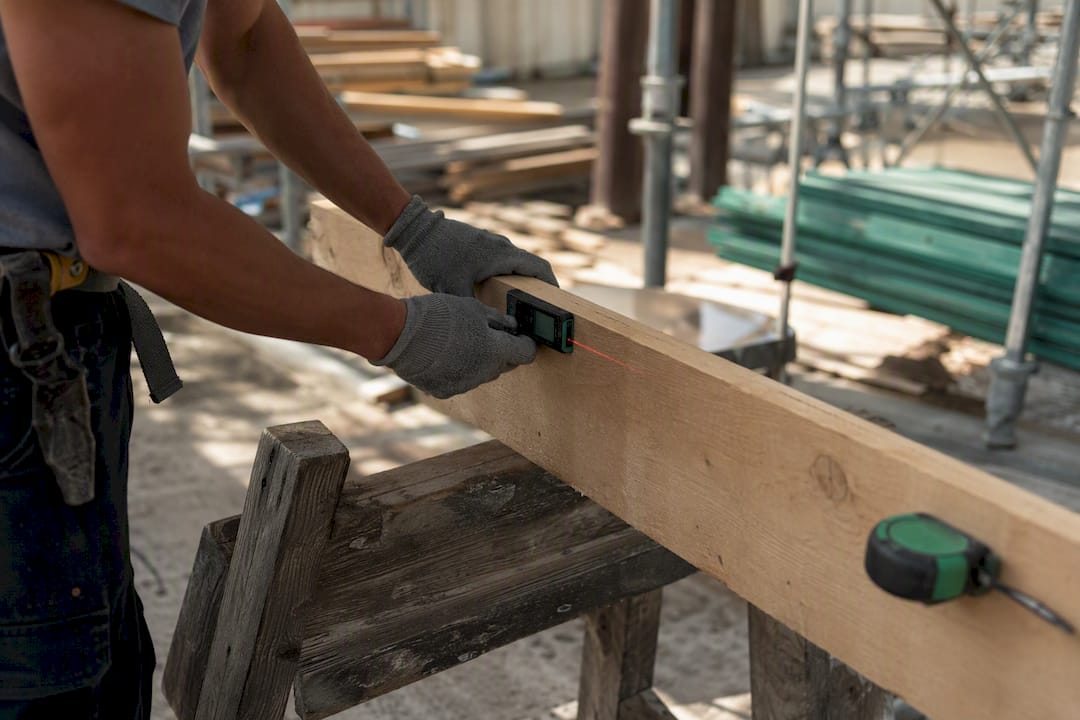 Hands using measuring tool on construction site