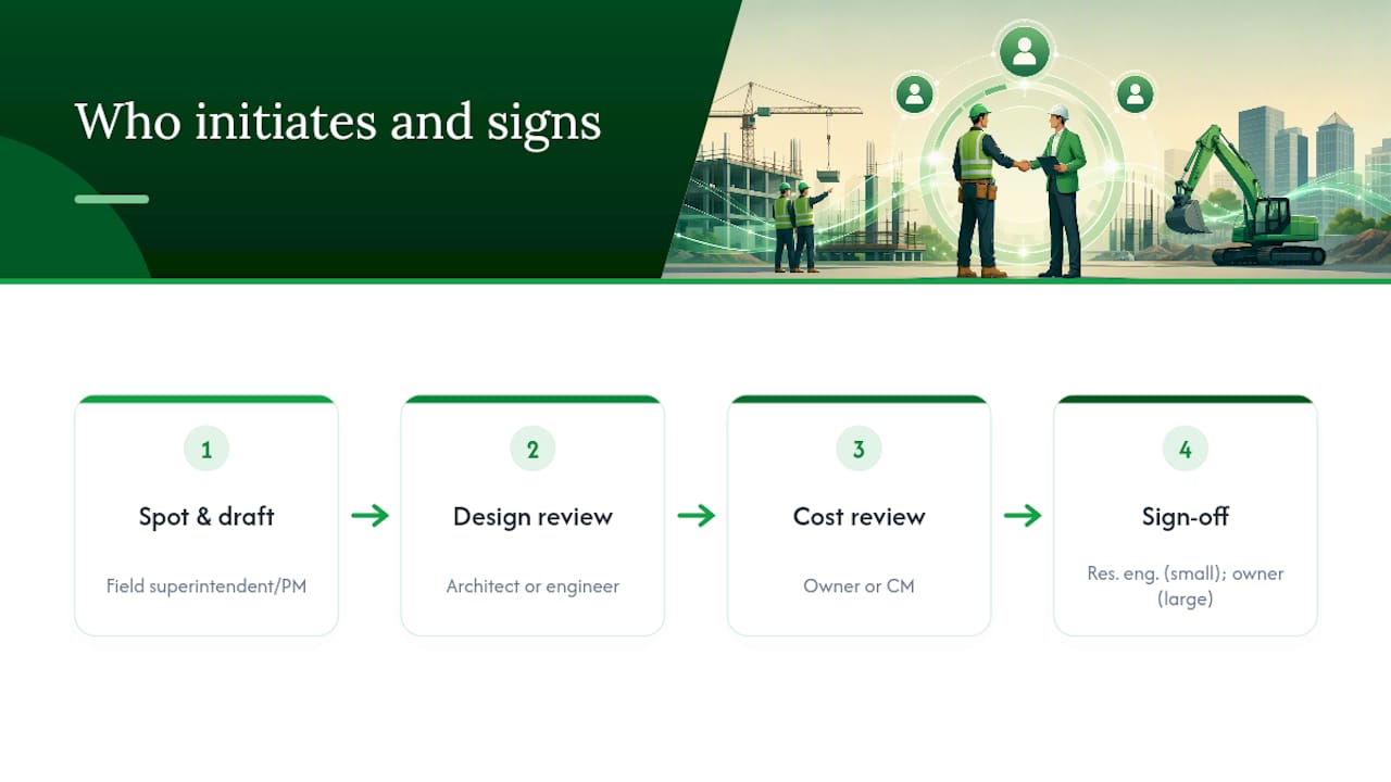 Who initiates, reviews, and signs off — overview diagram