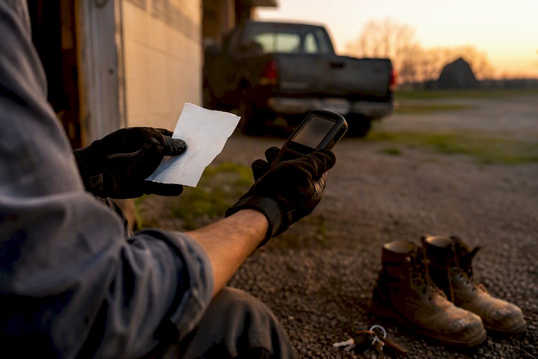 Hands tallying vehicle mileage costs near truck