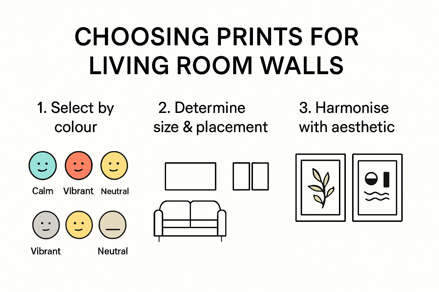 Infographic explaining how to select and arrange prints for a living room