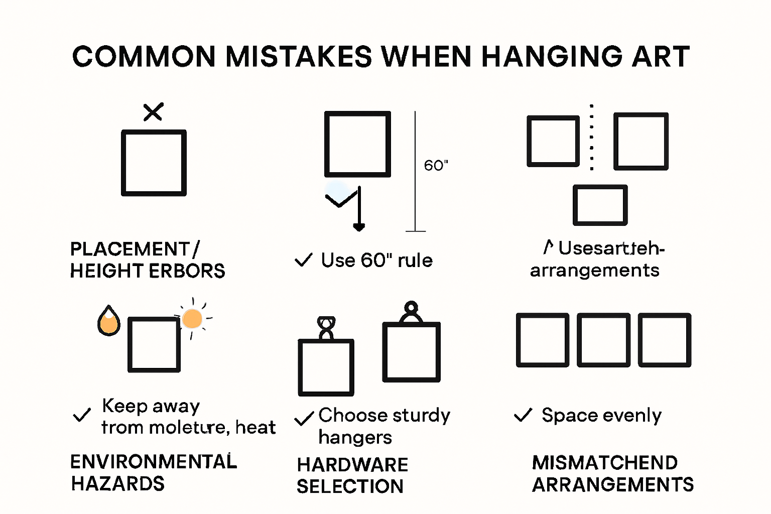 Infographic explaining common art hanging mistakes