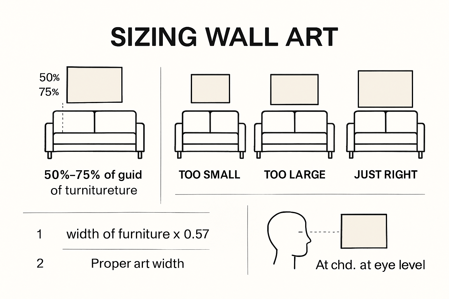 Wall art sizing infographic showing proportions above furniture