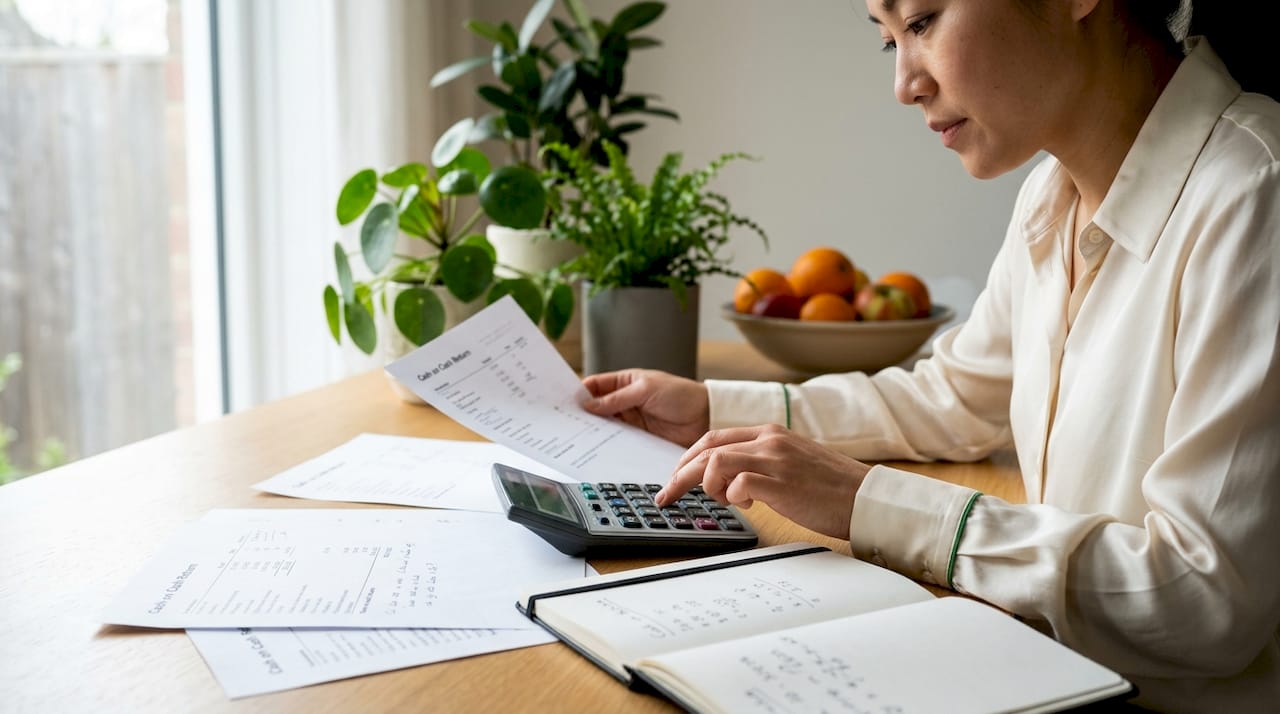 Hands calculating Section 8 return with calculator