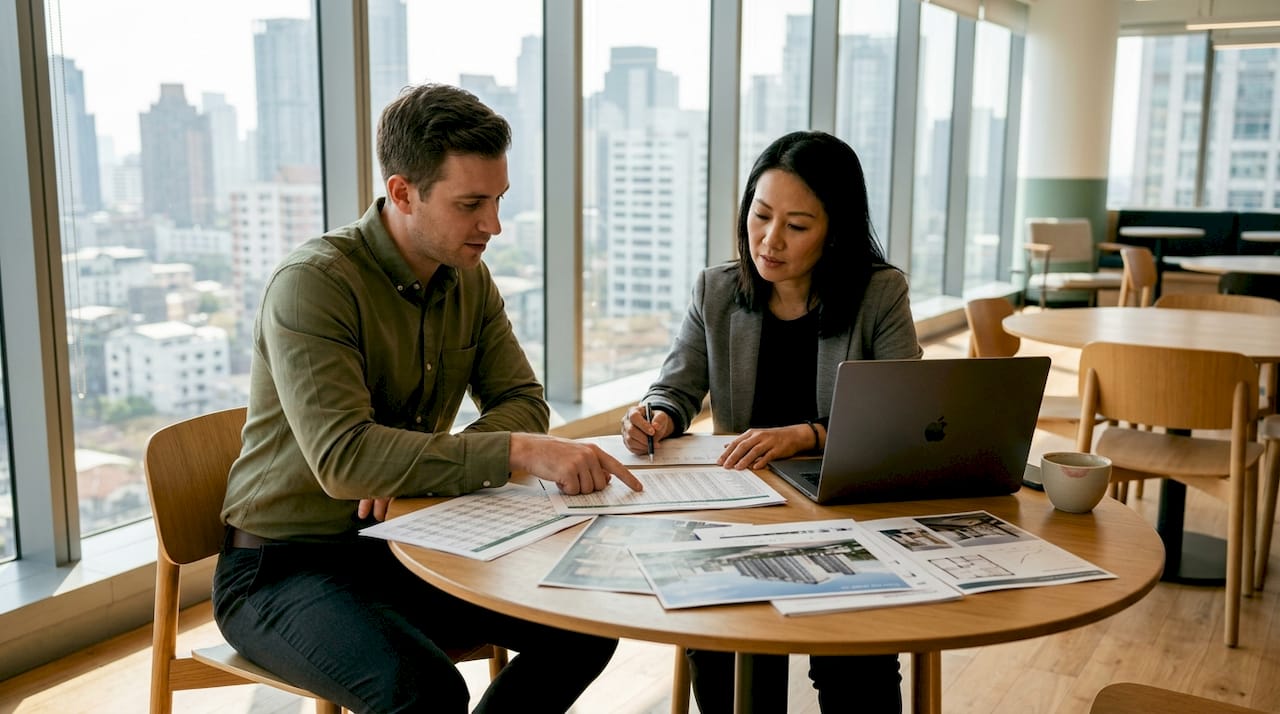 Two professionals reviewing rent data collaboratively