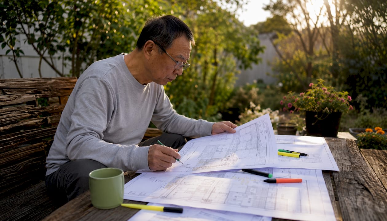 Hands sorting building permit documents