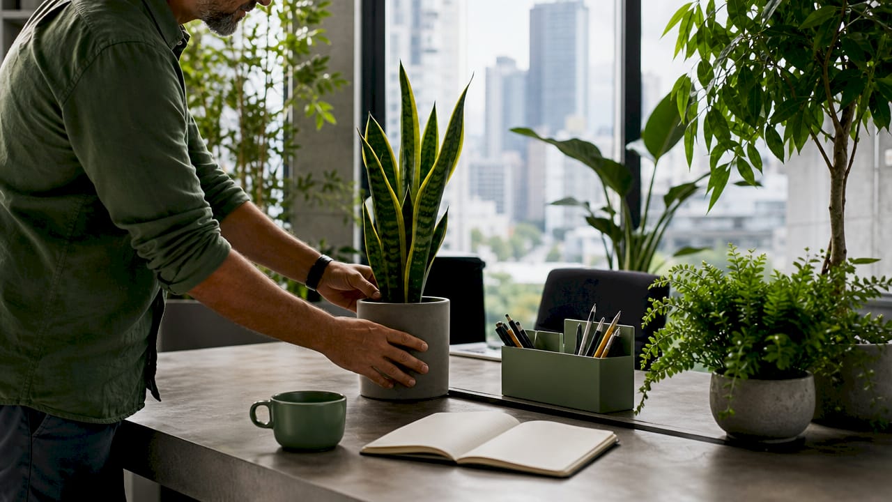 Hands arranging office desk plants
