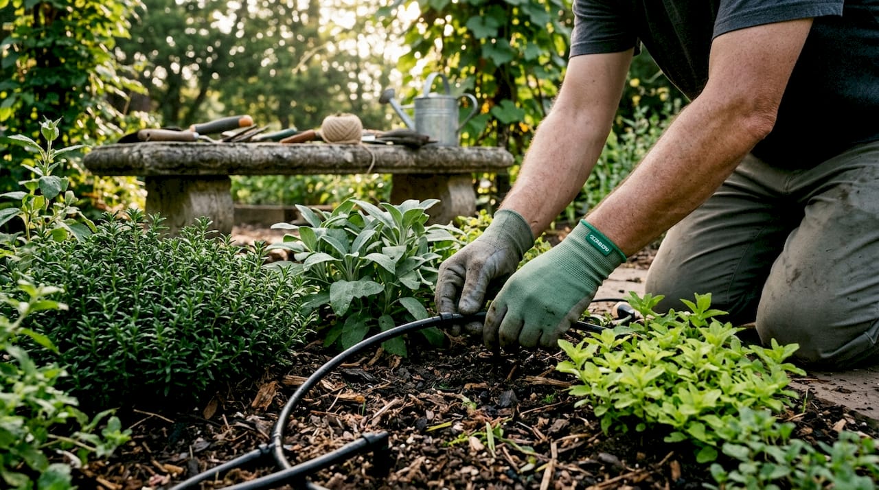 Hands planting groups of garden plants outdoors