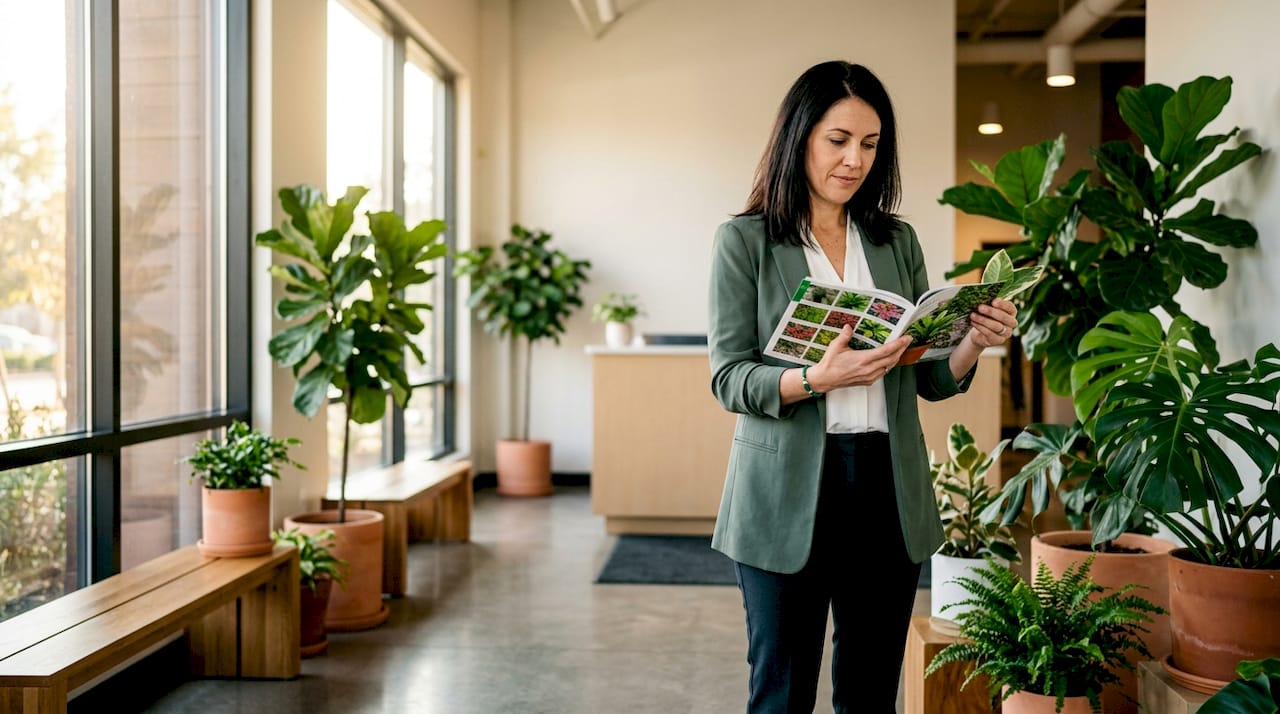 Office manager reviewing plant species samples