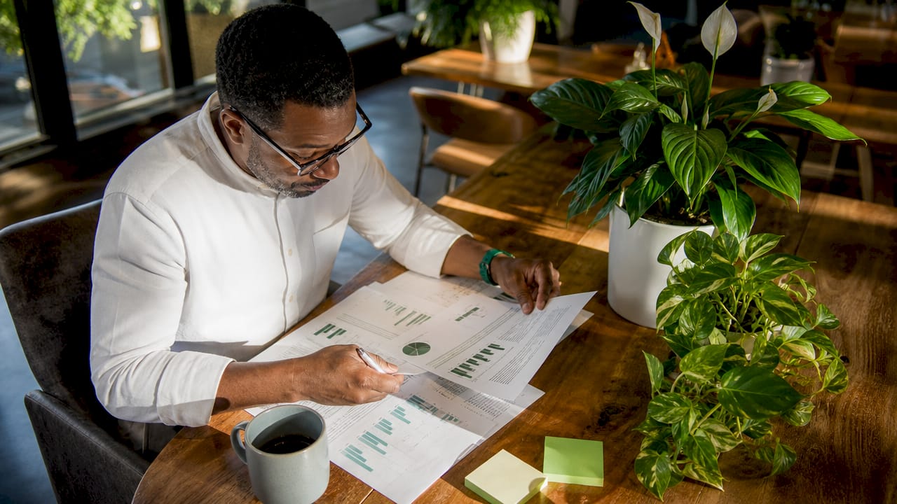 Man reviewing reports near office plants