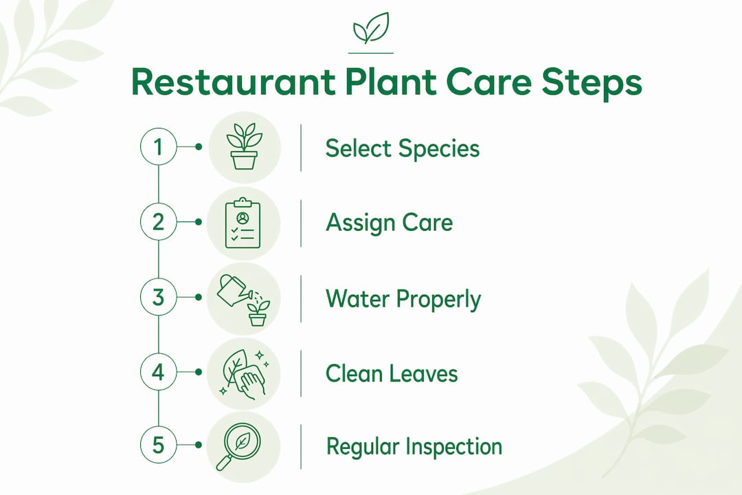 Infographic showing essential steps for restaurant plant care