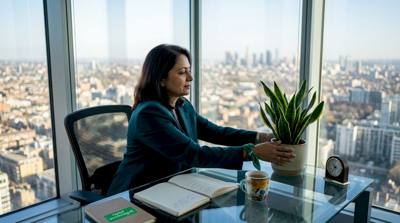 Woman adjusting snake plant at office desk